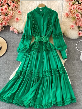  Sonbahar Yeşil / Pembe / Beyaz Parti uzun elbise Kadınlar İçin Vintage Standı Yaka Maxi Vestidos Fırfır Patchwork Tek Göğüslü Elbise 2021