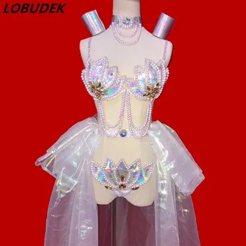  Sparkly Beyaz Boncuk Kristaller Bikini Uzun Firar Etek Seti Gece Kulübü Bar DJ Kadın Şarkıcı Kostüm Dans Takımları Sahne Kıyafetleri