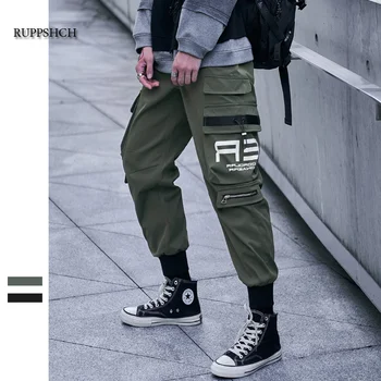  Streetwear Kargo Pantolon Şerit Fonksiyonu Hip Hop Rahat Ordu Cep Pamuk Sweatpants erkek Harajuku Moda