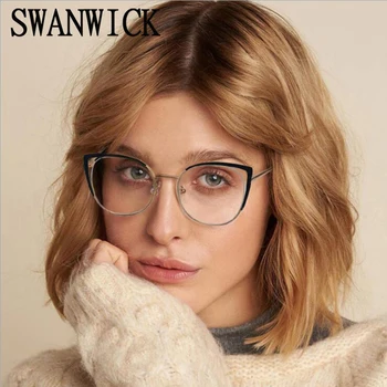  Swanwıck kedi göz gözlük retro yuvarlak metal çerçeve kadın mavi ışık engelleme gözlük bayanlar için optik gözlük çerçeveleri siyah