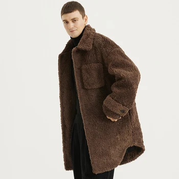  Taklit Kuzu Yün erkek Kış Yeni Gevşek Kaşmir Orta Uzunlukta Ceket Parçacıklar Yün Palto Trend