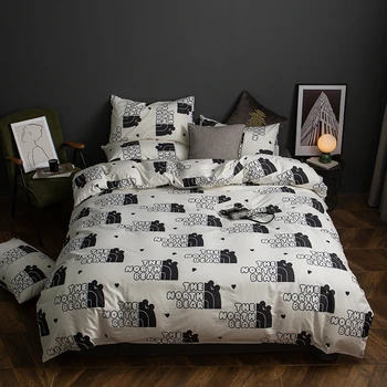  TEXTPION İskandinav Tarzı Siyah ve Beyaz Yorgan yatak örtüsü seti yatak çarşafı ve Yastık Kılıfı %100 % Pamuk Karikatür kraliçe boyutu Yatak Takımları 4 Adet
