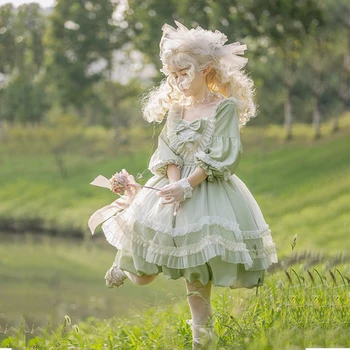  Tiki Tarzı Lolita Elbise Tatlı Kız Sonbahar Pastoral Tarzı viktorya dönemi tarzı elbise Kawaii Kız Çapraz Kayış Dantel Yüksek Bel Cosplay Cos