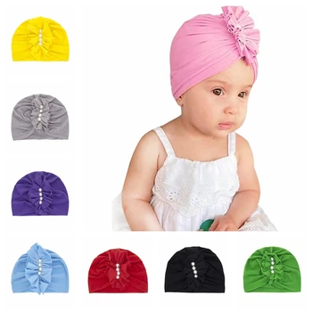  Toddler Düz Renk El Yapımı Katlanmış Çiçekler Hint Şapka Yumuşak Rahat Pamuk Örgü Kapaklar Bebek Şapkalar Giyim Dekorasyon