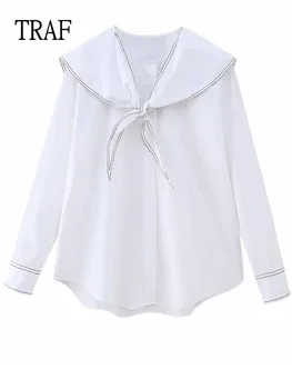  TRAF Kadın Gömlek Ve Bluzlar 2023 Moda Kontrast Beyaz Gömlek Uzun Kollu Gevşek Kadın Giyim Vintage Üst Kadın Gömlek Şık