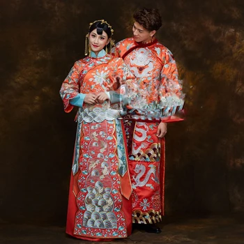  Turuncu Kırmızı 2 Renk Narin Nakış Geleneksel Çin Düğün Hanfu Xiu O Fu Çift Gelin ve Damat Düğün Takım Elbise