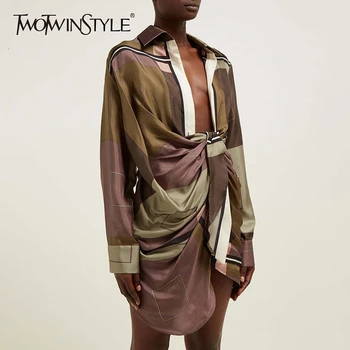  TWOTWINSTYLE Baskı Geometrik Elbise Kadınlar İçin Yaka Yaka Yüksek Bel Hit Renk Kadın Elbiseler Kadın 2022 Bahar Moda Yeni