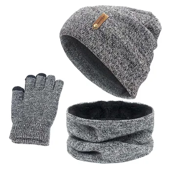  Unisex bere Yüzük Eşarp eldiven seti Kış Örme Kalın Sıcak Kadın Erkek Katı Retro Bere şapka yumuşak dokunmatik ekran eldiveni