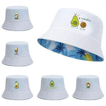  Unisex Pamuk Kova Şapka Kadın UV geçirmez Siperliği Kap Avokado Baskı Çift taraflı Balıkçı Kapaklar Katlanabilir balıkçı şapkası Plaj Fedoras