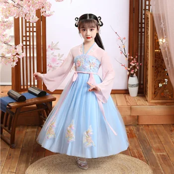  Uzun Kollu Kızlar Antik Çin Geleneksel Ulusal Kostüm Hanfu Elbise Prenses Çocuk Cosplay Polyester Halk Dans Seti
