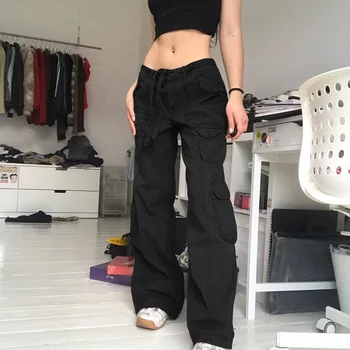  Vintage Harajuku Kargo Kot Büyük Cepler Pantolon Düşük Belli Grunge Fairycore Joggers Akademik Sweatpants Kadın Pantolon