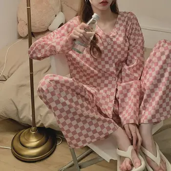  XEJ Sonbahar Pijama Kadınlar için Kore Giyim Ev Takım Elbise Kadınlar için Pembe Dama Tahtası Pijama gecelik Ev Giysileri Kadınlar için