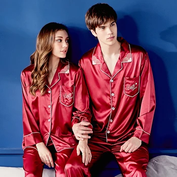  Xıfennı Ipek Pijama Setleri Kadın Yüksek Kaliteli Sahte IPEK Çift Pijama Erkek Kadın Kırmızı Uzun Kollu Kıyafeti 2 Adet X9934