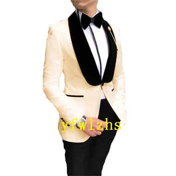  Yakışıklı Kabartma Groomsmen Şal Yaka Damat Smokin Erkek Takım Elbise Düğün/Balo En Iyi Blazer ( Ceket+Pantolon+Kravat) B415