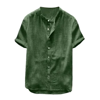  Yaz Gömlek Erkekler Baggy Pamuk Keten Düz Renk Kısa Kollu Retro Tunik Gömlek Bluz Tops Erkek Giyim Camisa Masculina Рубазка