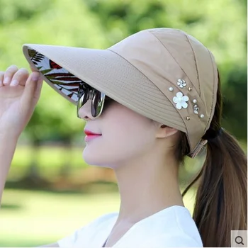  Yaz güneş şapkaları Kadınlar için Ayarlamak Rahat Bayan Kapaklar At Kuyruğu Geniş Kenarlı HatVisors Şapka Balıkçılık Balıkçı plaj şapkası UV Koruma Kapağı