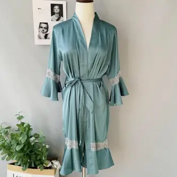  Yaz Kadın Elbise dantel kesik dekolte Kimono Kıyafeti Seksi V Yaka Pijama Rahat Gecelik Saten İpeksi Bornoz Elbisesi Ev Giyim
