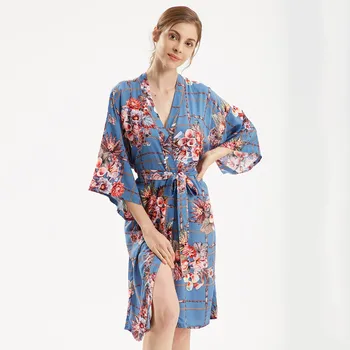  Yaz Kadın Kimono Kıyafeti Pijama Yumuşak Pamuklu Gecelik Baskı Çiçek Bornoz Kıyafeti Seksi Kısa Gecelik Düğün Elbise