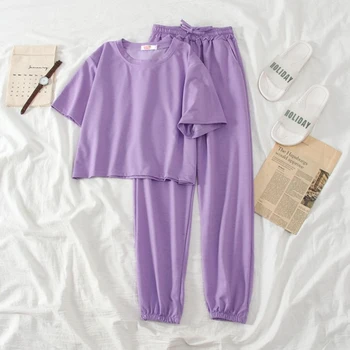  Yaz Pijama Sevimli Ev Takım Elbise kadın Uzun pantolon Kadın Düz Gri Rahat pamuk iç çamaşırı Pijama Setleri Kıyafetler Gecelik
