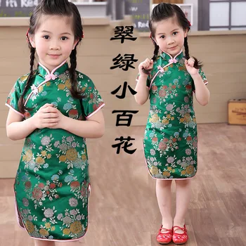  Yaz Çin Geleneksel Elbise Vintage Çiçek Desen Kız Elbise Cheongsam Düğün Parti Kostüm Çocuk Giyim 1-12Y