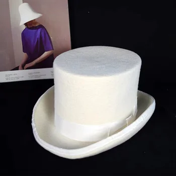  Yeni Beyaz Yün Keçe yüksek silindir şapka Kadın Erkek Düğün Şapka Topper Soba Borusu Silindir Sihirli Şapka Custom Made Derbies Femme Fedora