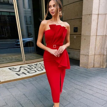  Yeni Geliş Yüksek Kalite Seksi Kırmızı Straplez Kolsuz Elbise Robe Yüksek Bölünmüş Yarık Balo Akşam Parti Elbise