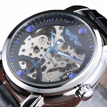  Yeni Kazanan İzle İskelet Tasarımcı Mavi Gravür Saat Erkekler Deri Kayış Erkek Kol Saati Üst Marka Lüks Otomatik Saatler