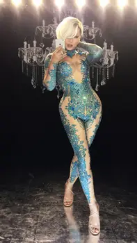 Yeni Konuk Kadın Şarkıcı Gösterisi Mavi Tam Mavi Rhinestones Seksi Gösterisi Sıkı Tulum Kadın Gogo Kostüm Partisi Kutlama Doğum Günü