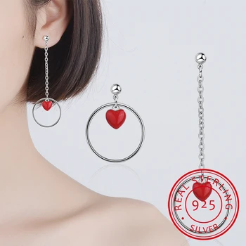  Yeni Moda 925 Ayar Gümüş Püskül Küpe Kadınlar İçin Kız Asimetrik Kırmızı Kalp Daire Küpe Oorbellen Düğün Parti Hediye