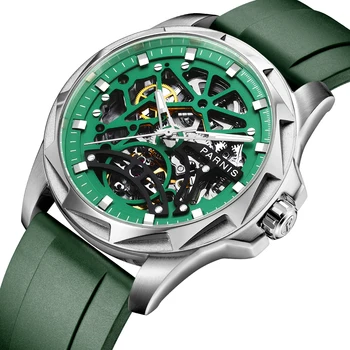  Yeni Moda Parnis 43mm Yeşil Kadran erkek saati Safir Kristal Takvim Kauçuk Kayış Otomatik mekanik saatler Kutusu Hediye