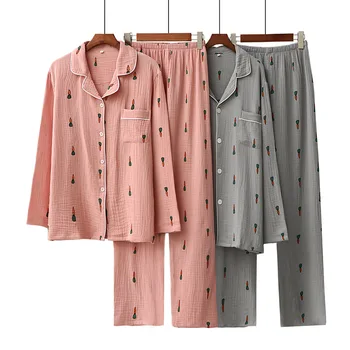  Yeni Pijama kadın Güzel Şalgam Yaka Hırka Baskılı Çift Uzun Kollu Pantolon Pijama Kadın Takım Elbise Sonbahar Kış