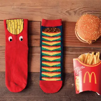  Yenilik Sevimli Moda Komik Cips Hamburger Baskı Pamuk Erkekler Çorap Rahat Özgünlük Kırmızı Calcetines Mujer Meias