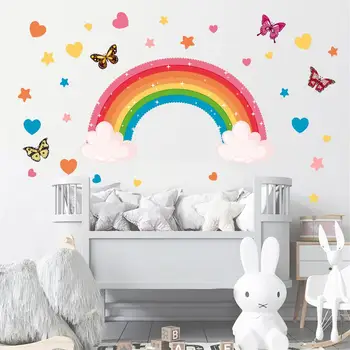  YENİ Çıkarılabilir Gökkuşağı Duvar Çıkartmaları Su Geçirmez PVC Kelebek Kalp Yıldız Vinil Duvar Sticker Çocuk Kız Odası Kreş Dekoratif