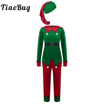  Yeşil Elf Erkek Kız Noel Kostüm Çocuk Noel Baba Takım Elbise Noel Karnaval Cosplay Kadife Üstleri Pantolon Kemer şapka seti