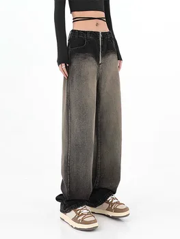  Yüksek Sokak Degrade Tasarım Düz Şalvar Kot Kadın 2023 Yeni Şık Orta yüksek Bel Geniş Bacak Kot Pantolon Y2k Streetwear Pantolon