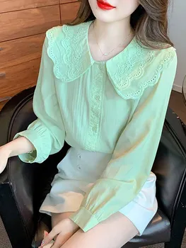  Zarif Moda Bebek Yaka Blusas Bluz Kadınlar Düğmeler Uzun Kollu Gevşek Üstleri Kadın Giyim Hollow Ofis Bayan Gömlek 24473