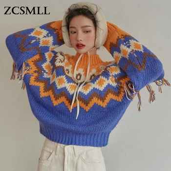 ZCSMLL Kore Chic Sonbahar / kış Stand-up Yaka Hit Renk Eşkenar Dörtgen Jakarlı Püsküller Süslenmiş Gevşek Uzun kollu Kazak Kadın