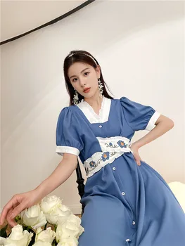  ZCSMLL Vintage Mavi Puf Kollu yaz elbisesi Kadın Japon Moda Lace Up Bir Çizgi Diz Boyu Kısa Kollu Elbise Elbise