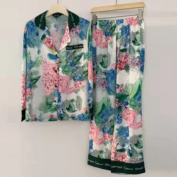  Çin Tarzı İpek Gibi Baskılı Çiçek Pijama Kadınlar için Uzun kollu Pantolon Yumuşak ve Şık Ev Giysileri Saten 2 parça