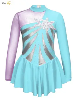  Çocuk Kız Parlak Rhinestone Dans Elbise Uzun Kollu Şekil Buz Pateni Paten Yarışması Kostüm Modern Giyim