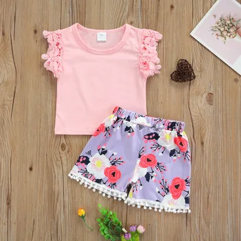  Çocuklar Bebek Kız Giysileri Set Düz Renk Kolsuz O-Boyun T-shirt + Çiçek Baskı kısa pantolon Püsküller ile Set