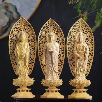  Şimşir 29 cm Üç Buda Heykel Sakyamuni Şekil Guanyin Ahşap Oyma Tanrıça Heykeli Ev Dekor